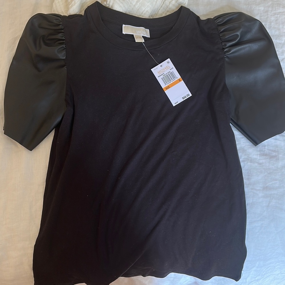 Black Michael Kors leather sleeve puff tee